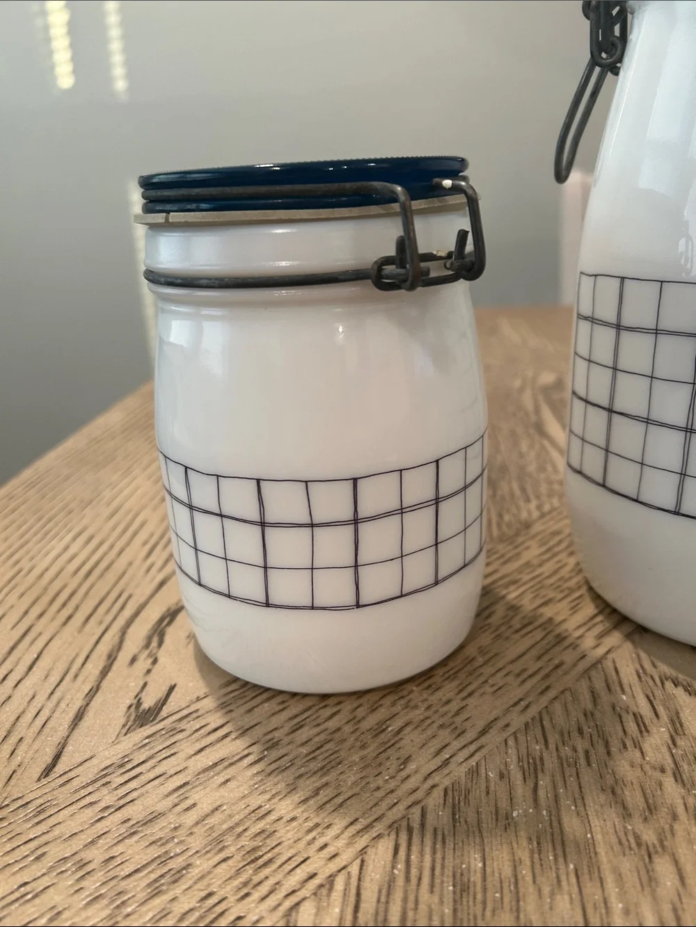 Vintage Wheaton Milk glass Tea & Sugar Canister Set in White with Blue Lids